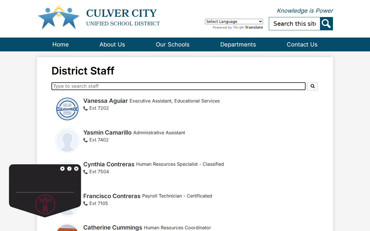 CCUSD staff directory search page for Culver City people directories