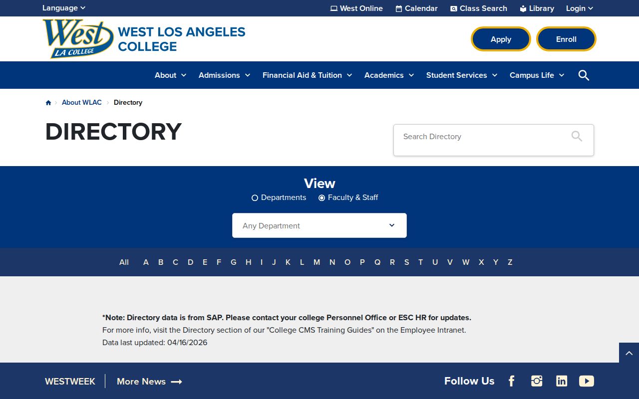 West Los Angeles College directory page for faculty and staff near Culver City