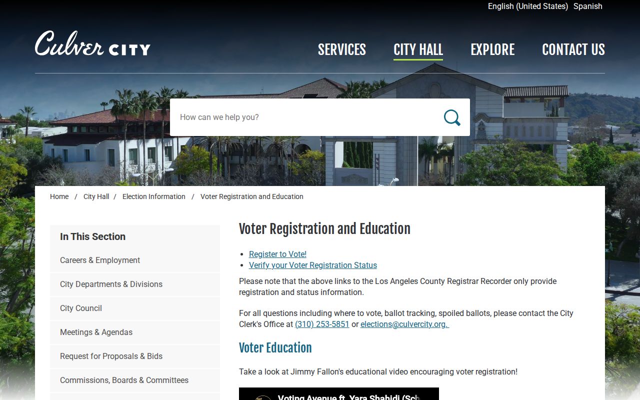 Culver City voter registration records page with City Clerk election contact information